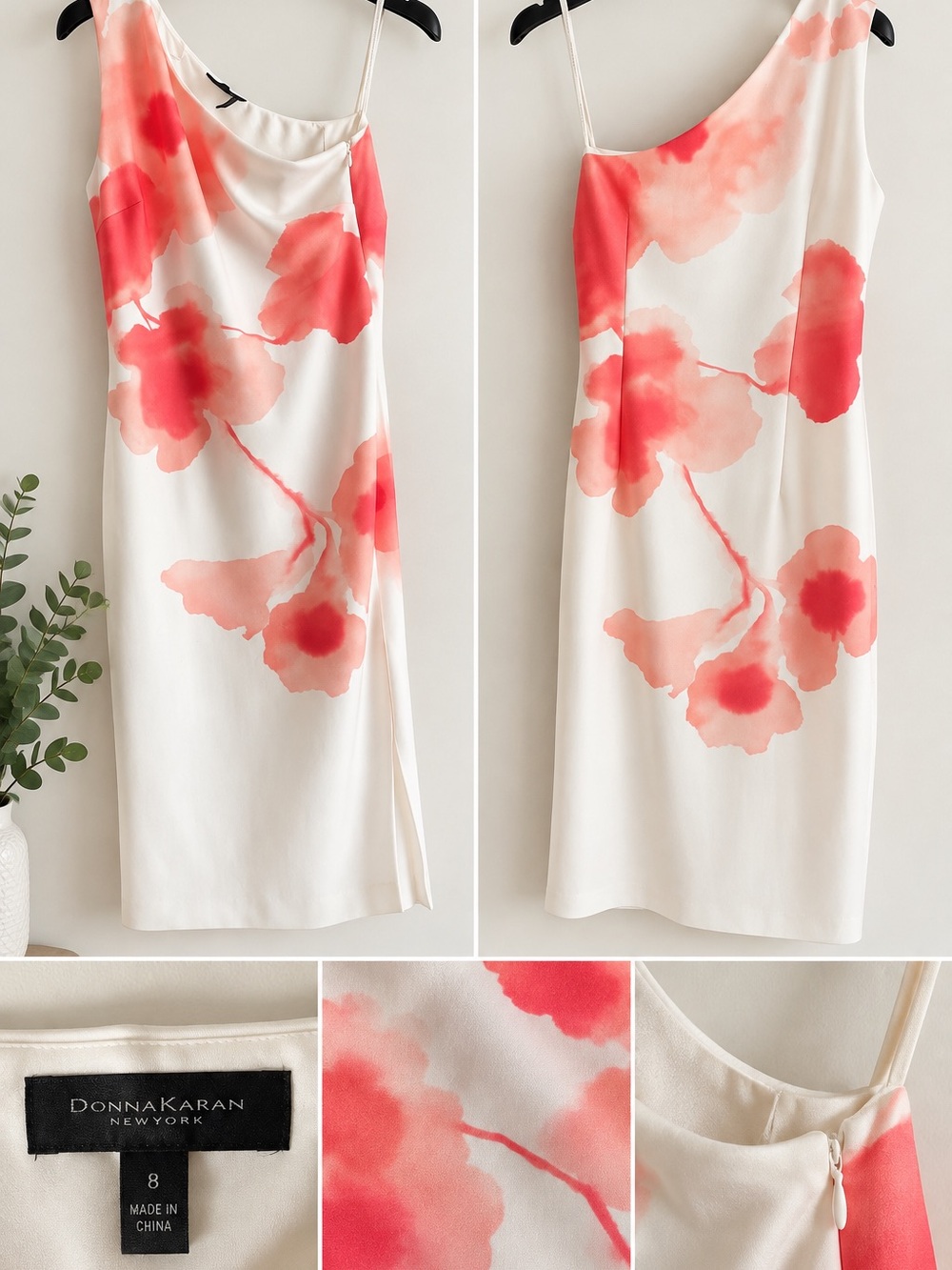 Donna Karan Asymmetrical Dress with Coral Floral Print